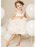 Ivory Lace Tulle Tiered Flower Girl Dress With Blush Pink Sash